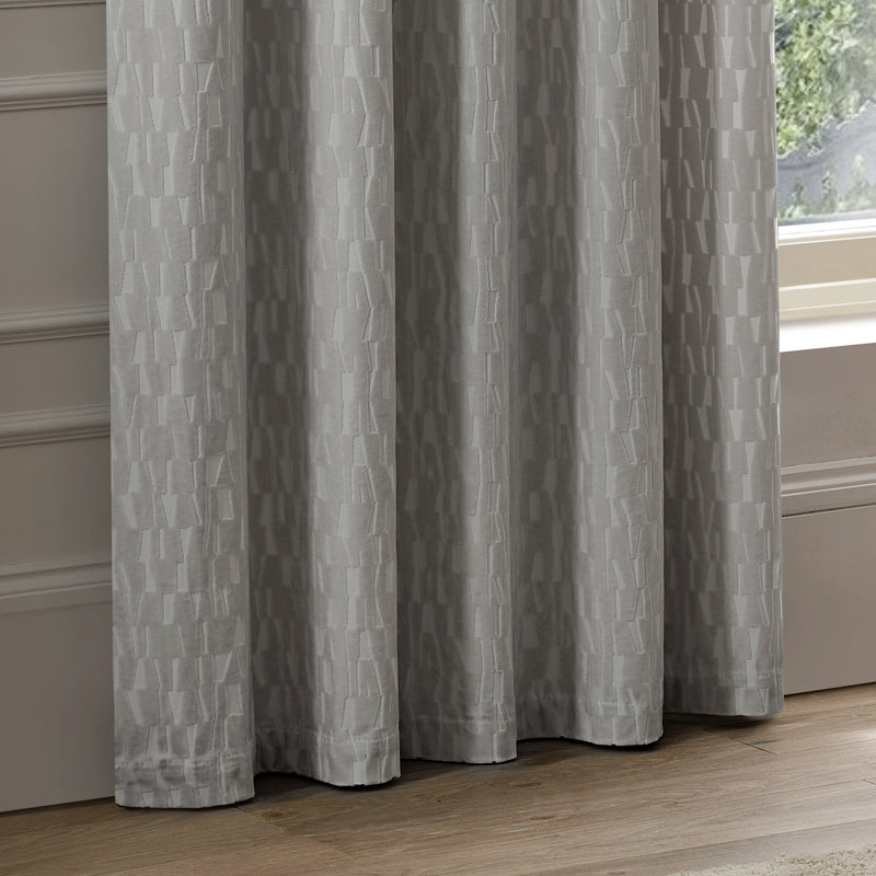 Geometric Grey Curtains - Manhattan Velvet Room Darkening Eyelet Curtains Silver Paoletti