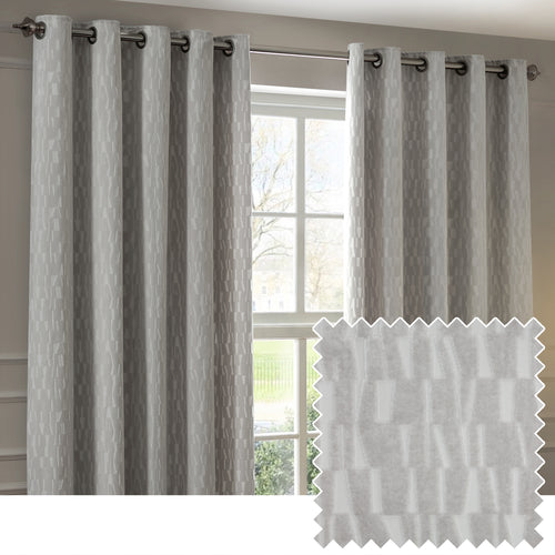 Geometric Grey Curtains - Manhattan Fully Lined Velvet Eyelet Curtains Silver Paoletti