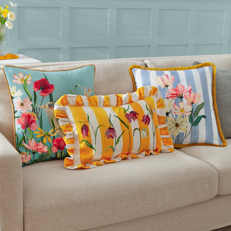 Floral Green Cushions - Marais Fritillaries Printed Chenille Cushion Cover Yellow Wylder Nature