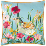 Floral Blue Cushions - Marais Bird Meadow Printed Chenille Cushion Cover Multicolour Wylder Nature