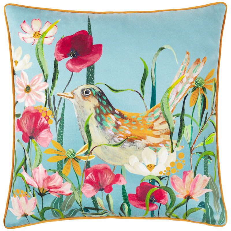 Floral Blue Cushions - Marais Bird Meadow Printed Chenille Cushion Cover Multicolour Wylder Nature