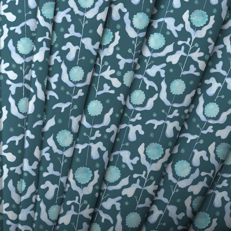 Floral Blue Fabric - Mariani Printed Cotton Fabric (By The Metre) Teal Voyage Maison