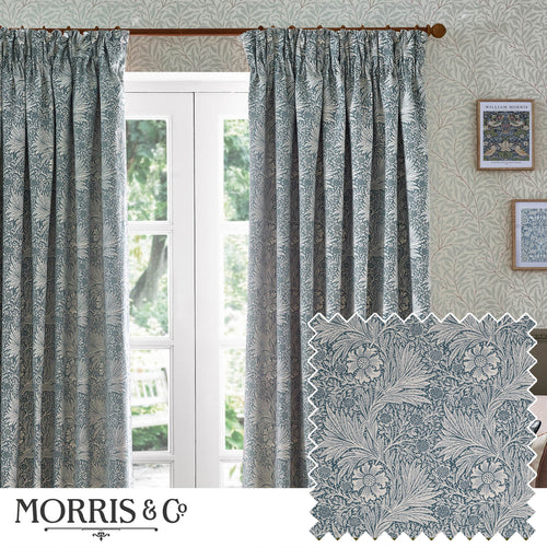 Floral Blue Curtains - Marigold Floral Jacquard Pencil Pleat Curtains Indigo Morris & Co