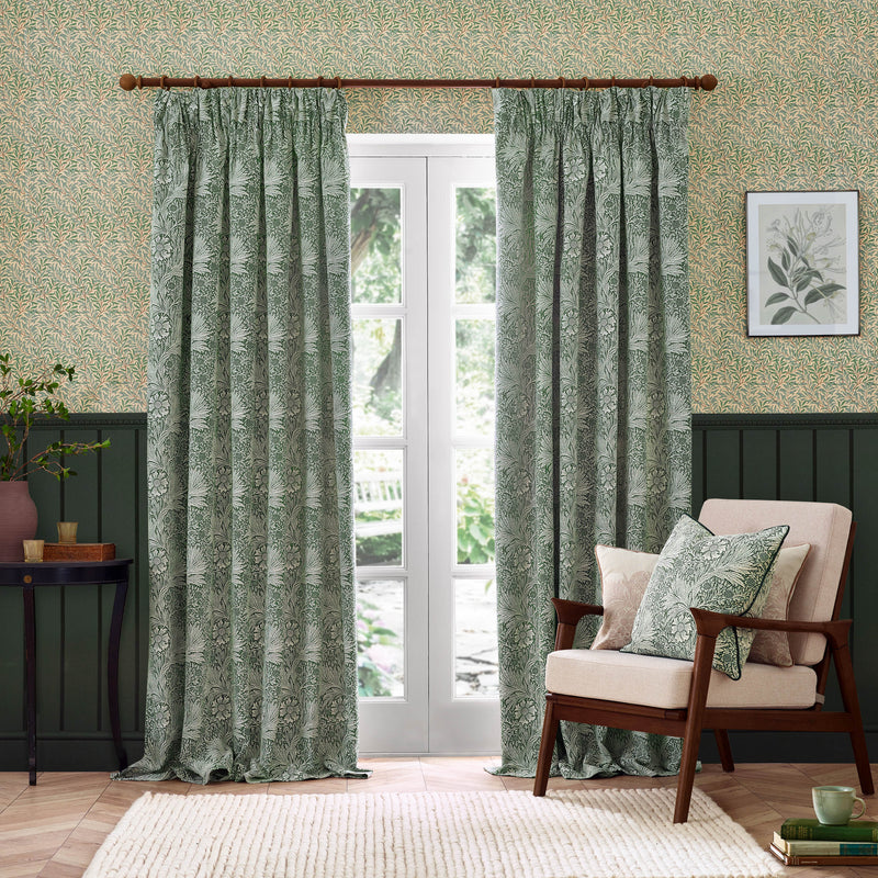 Floral Green Curtains - Marigold Floral Jacquard Pencil Pleat Curtains Leaf Green Morris & Co