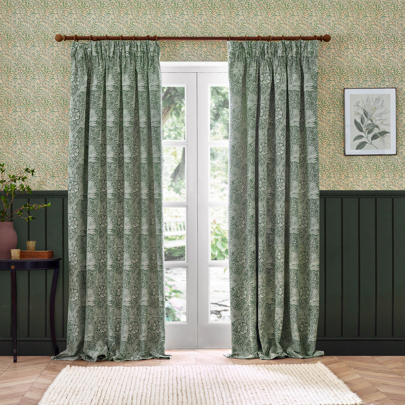 Floral Green Curtains - Marigold Floral Jacquard Pencil Pleat Curtains Leaf Green Morris & Co