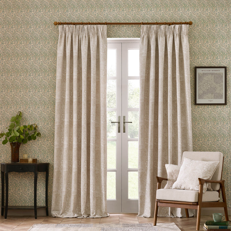 Floral Beige Curtains - Marigold Floral Jacquard Pencil Pleat Curtains Stone Morris & Co