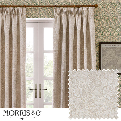 Floral Beige Curtains - Marigold Floral Jacquard Pencil Pleat Curtains Stone Morris & Co