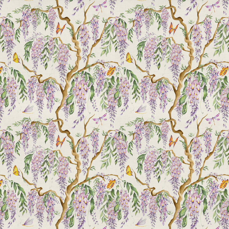 Floral Purple Fabric - Mariposa Printed Cotton Fabric (By The Metre) Cream Voyage Maison