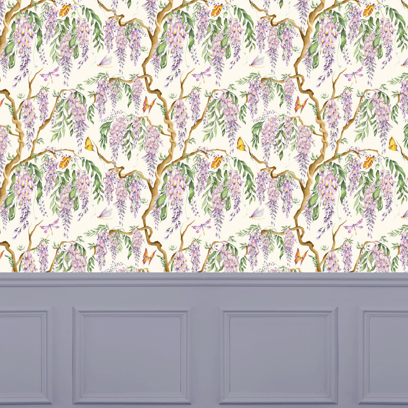 Floral Purple Wallpaper - Mariposa  1.4m Wide Width Wallpaper (By The Metre) Cream Voyage Maison