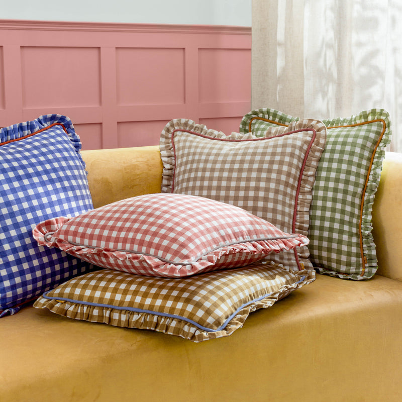 Check Beige Cushions - Maude Gingham Reversible Piped Cushion Cover Natural furn.