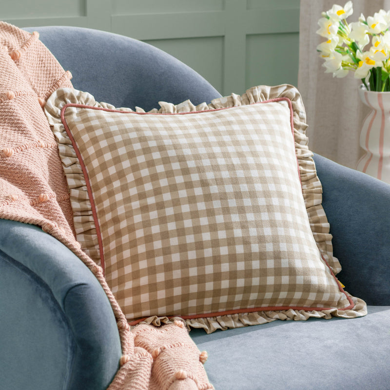 Check Beige Cushions - Maude Gingham Reversible Piped Cushion Cover Natural furn.