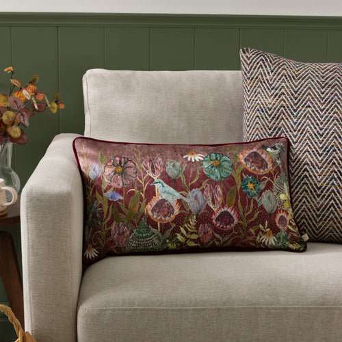 Floral Purple Cushions - Meadow Bloom Blossom Garden Printed Chenille Cushion Cover Mauve Wylder