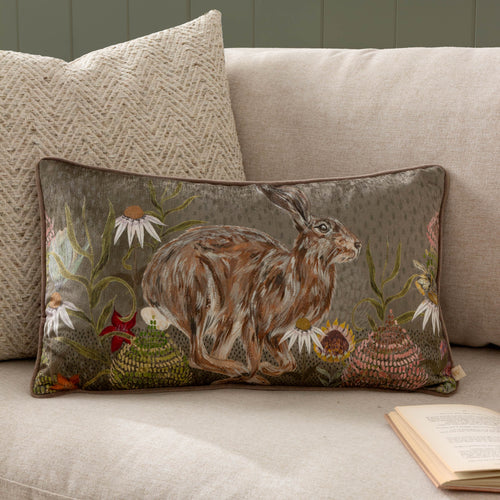 Animal Green Cushions - Meadow Bloom Hazel Hare Printed Chenille Cushion Cover Sage Wylder