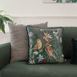 Animal Blue Cushions - Meadow Bloom Birds Printed Chenille Cushion Cover Teal Wylder