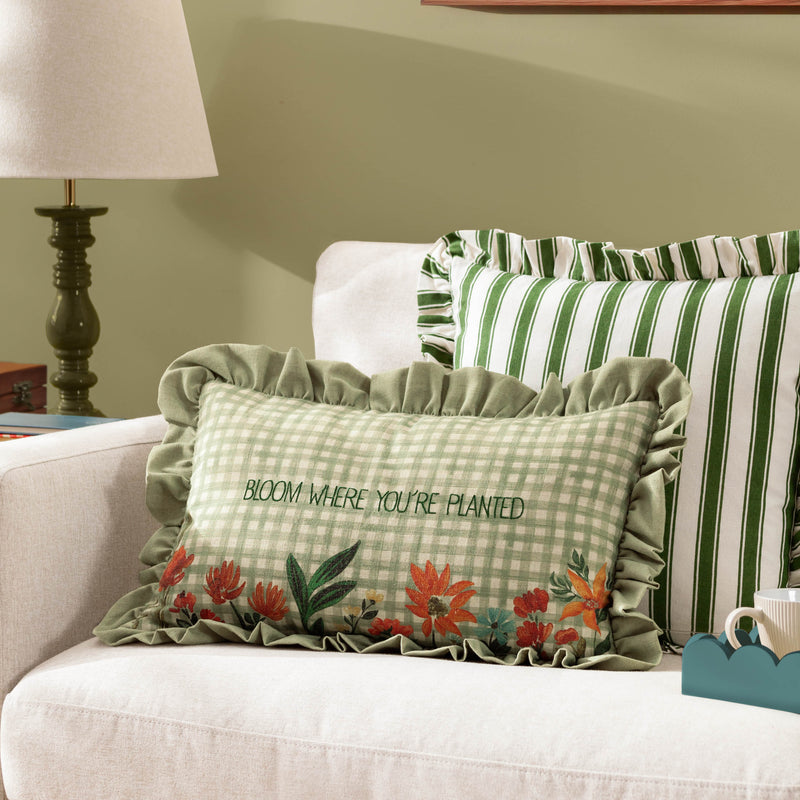 Check Green Cushions - Meadow Haze Embroidered Ruffle Cushion Cover Green furn.