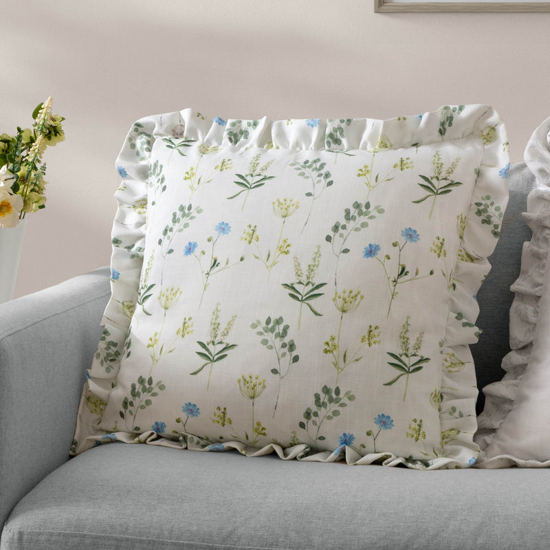 Floral White Cushions - Meadow Ruffle Floral Cushion Cover White/Cornflower Wylder