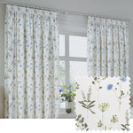 Floral White Curtains - Meadow Room Darkening 100% Cotton Pencil Pleat Curtains White/Cornflower Wylder