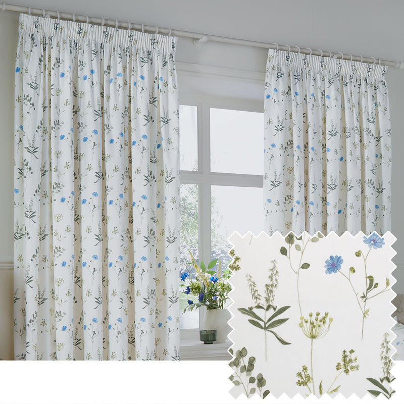 Floral White Curtains - Meadow Room Darkening 100% Cotton Pencil Pleat Curtains White/Cornflower Wylder