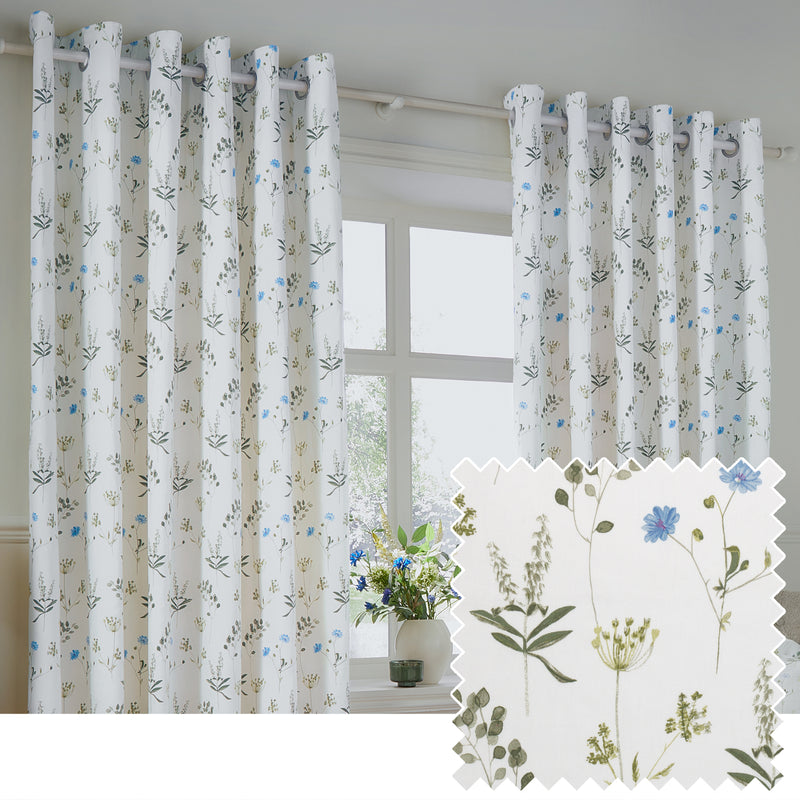 Floral White Curtains - Meadow Room Darkening 100% Cotton Eyelet Curtains White/Cornflower Wylder