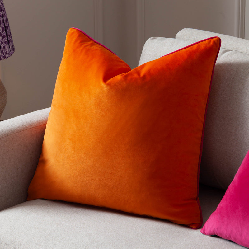 Plain Orange Cushions - Meridian Velvet Cushion Cover Clementine/Hot Pink Paoletti