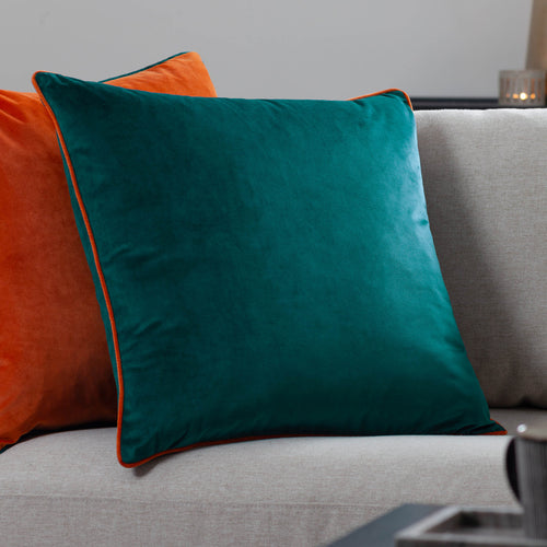 Plain Blue Cushions - Meridian Velvet Cushion Cover Teal/Clementine Furn