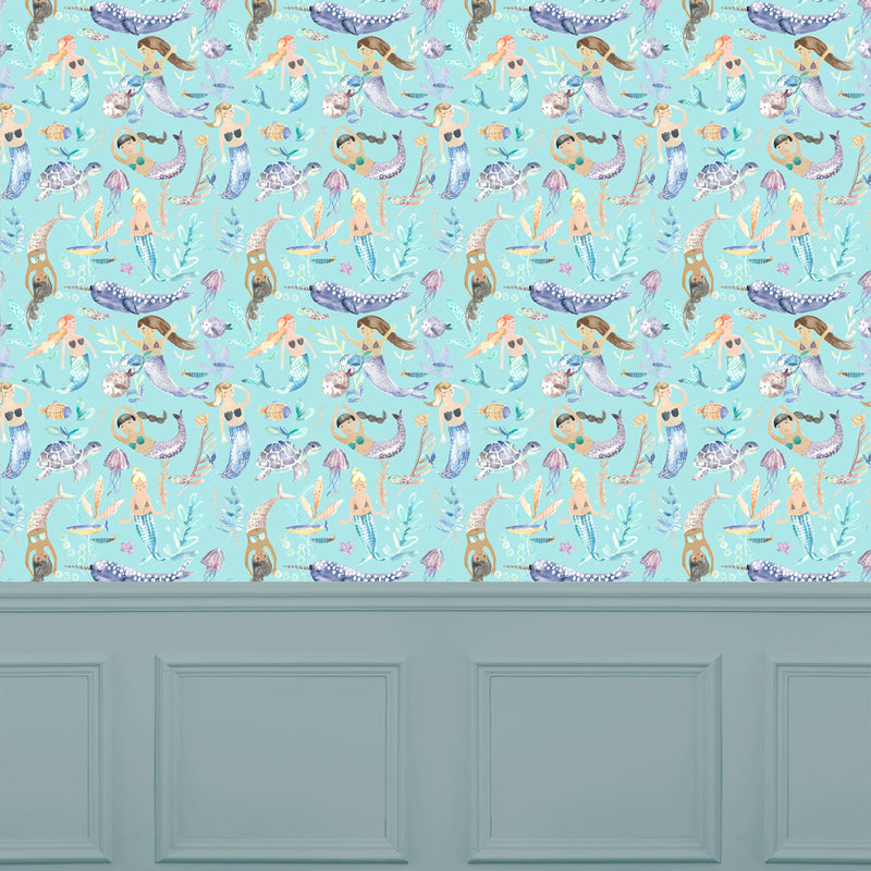 Voyage Maison Mermaid Party 1.4m Wide Width Wallpaper in Aqua