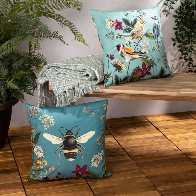 Animal Blue Cushions - Midnight Garden Birds Outdoor Cushion Cover Aqua Wylder