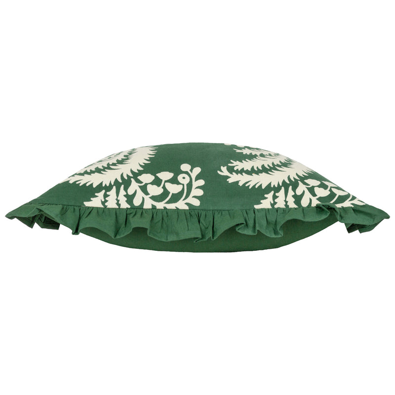 Paoletti Montrose Floral Pleat Fringe Cushion Cover in Bottle Green