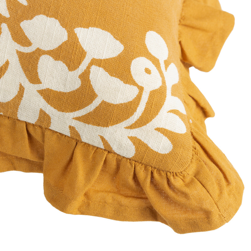 Paoletti Montrose Floral Pleat Fringe Cushion Cover in Ochre