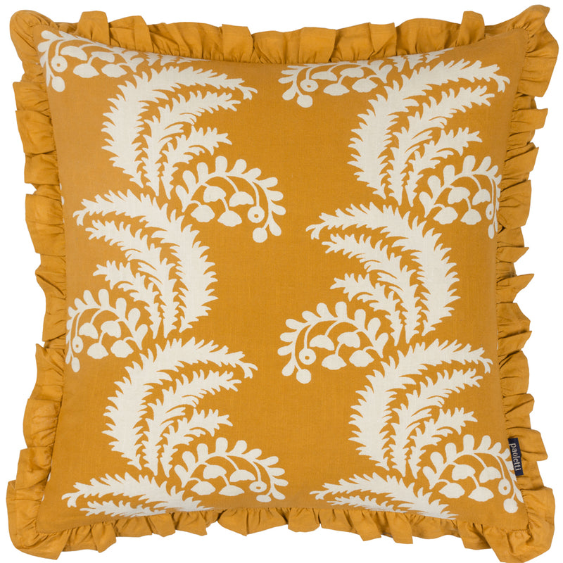 Paoletti Montrose Floral Pleat Fringe Cushion Cover in Ochre