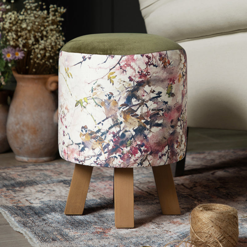 Darren Woodhead Monty Round Footstool in Brushwood Blossom