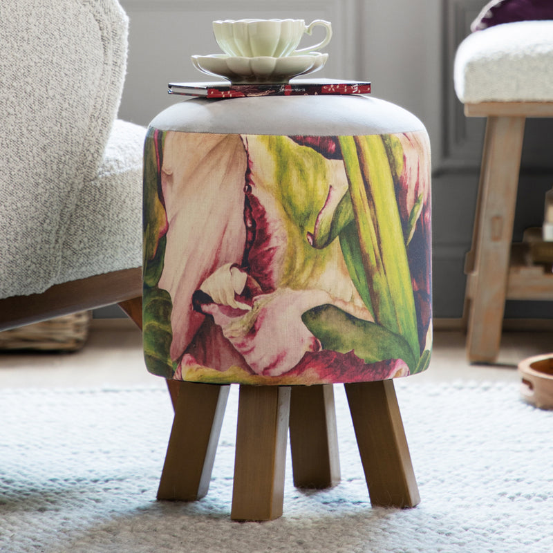 Marie Burke Monty Round Footstool in Heligan Fuchsia