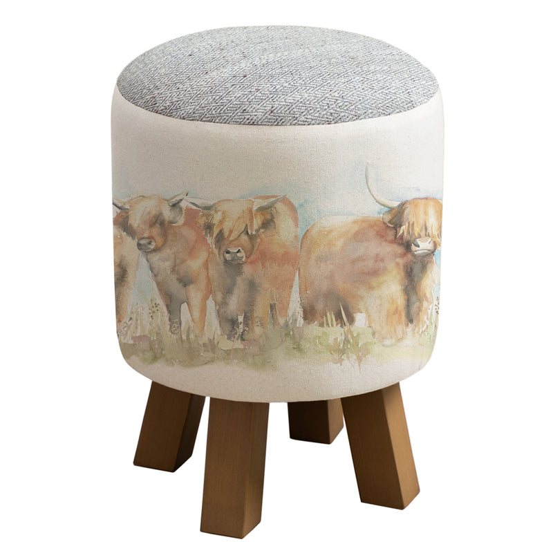 Voyage Maison Monty Round Footstool in Highland Cattle