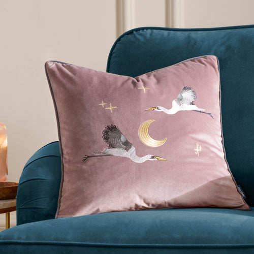 Animal Pink Cushions - Moonlit Flight Embroidered Velvet Cushion Cover Dusty Pink Paoletti
