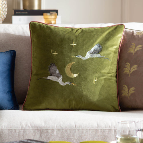 Animal Green Cushions - Moonlit Flight Embroidered Velvet Cushion Cover Olive Paoletti