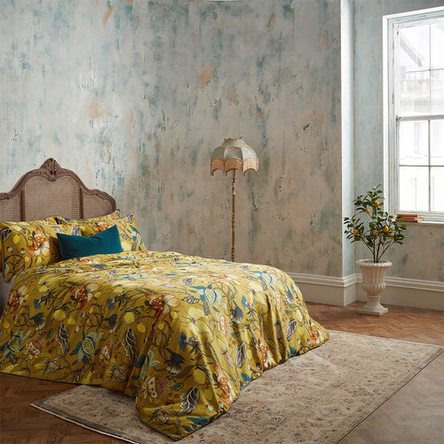 EW by Edinburgh Weavers Morton Floral Printed Cotton Sateen Piped Duvet Cover Set in Ochre