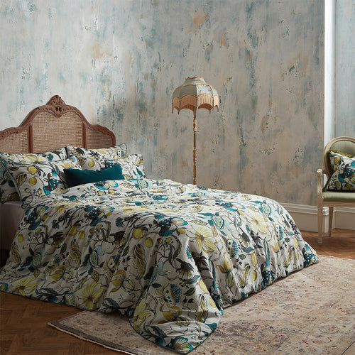 EW by Edinburgh Weavers Morton Floral Printed Cotton Sateen Piped Duvet Cover Set in Teal