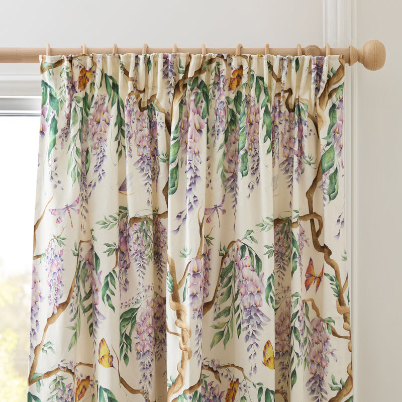 Floral Purple Curtains - Mariposa Printed Pencil Pleat Curtains Cream Voyage Maison