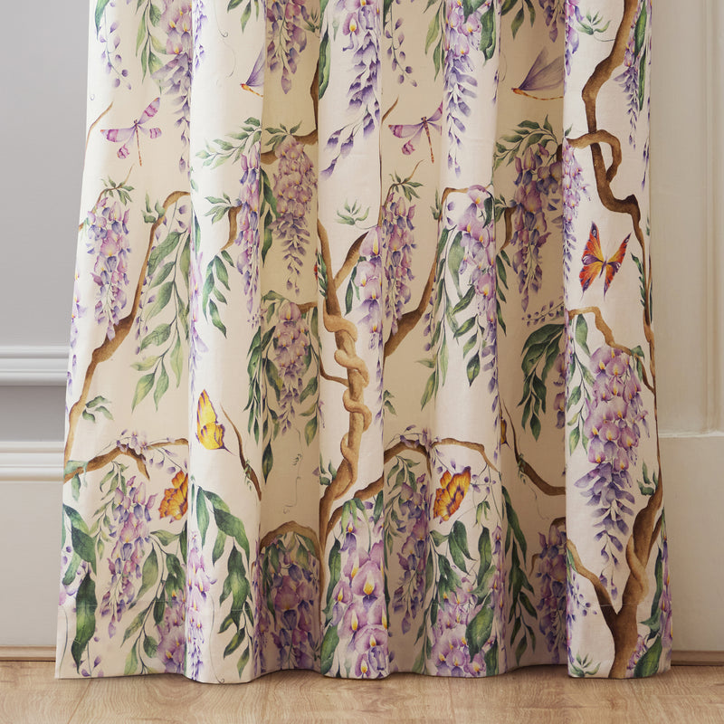 Floral Purple Curtains - Mariposa Printed Pencil Pleat Curtains Cream Voyage Maison