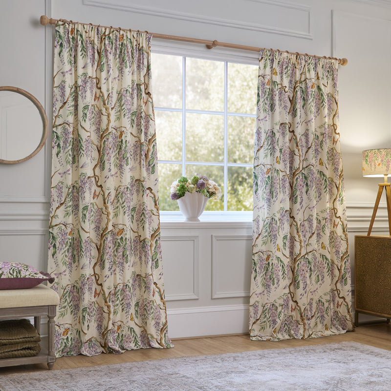 Floral Purple Curtains - Mariposa Printed Pencil Pleat Curtains Cream Voyage Maison