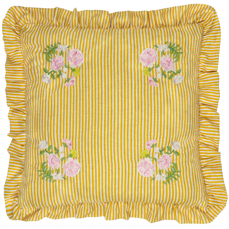 Floral Yellow Cushions - Martha Embroidered Ruffle Cushion Cover Yellow Wylder