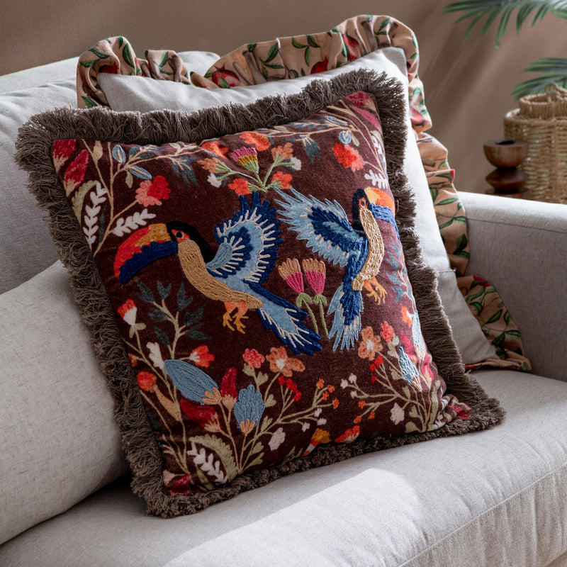 Animal Multi Cushions - Mirrored Toucan Embroidered Cushion Cover Multicolour Wylder Tropics