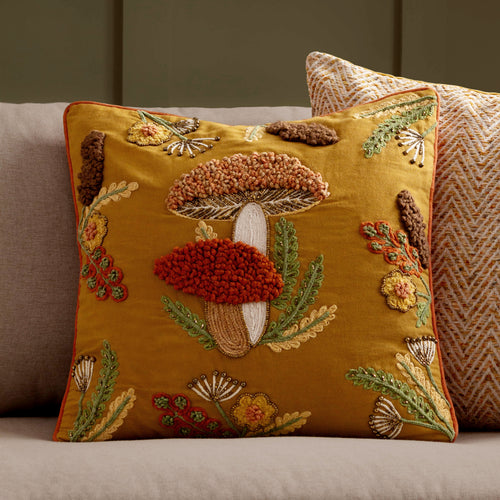 Woodland Gold Cushions - Mushroom Dell Embroidered Cotton Cushion Cover Autumn Gold Wylder