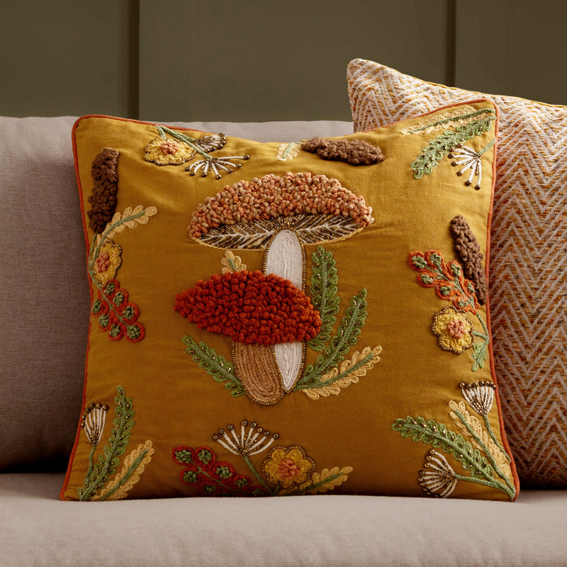 Woodland Gold Cushions - Mushroom Dell Embroidered Cotton Cushion Cover Autumn Gold Wylder