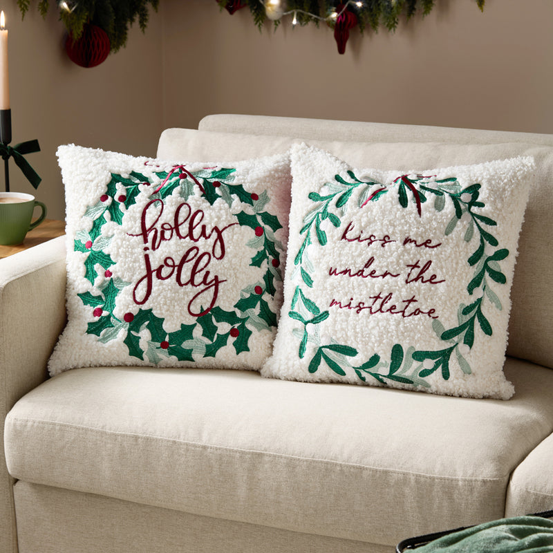  Multi Cushions - Mistletoe Wreath Embroidered Cushion Cover Multicolour Furn