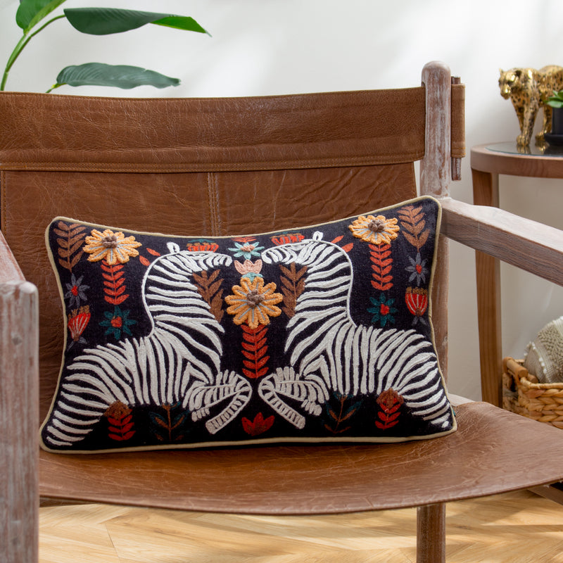 Animal Multi Cushions - Mirrored Zebra Embroidered Cushion Cover Multicolour Wylder