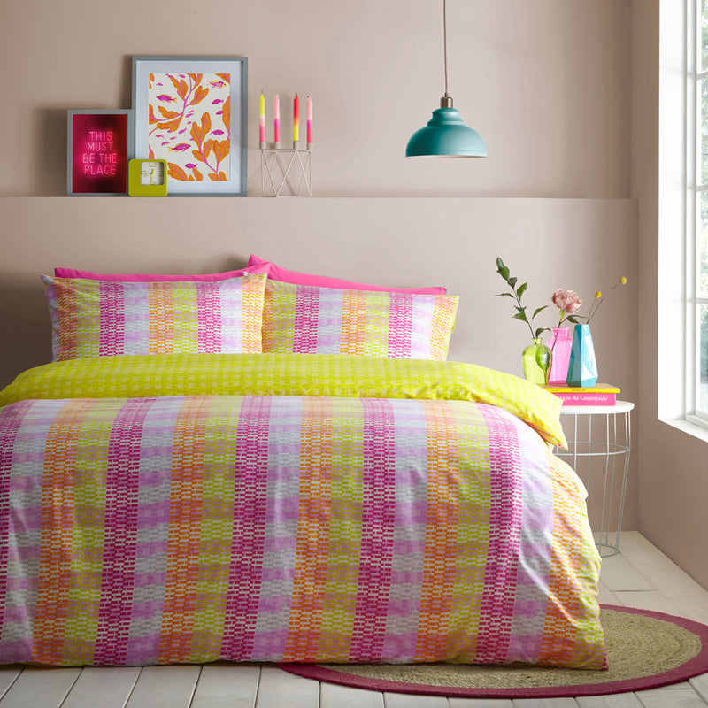 furn. Neola Abstract Neon Striped Duvet Cover Set in Fuchsia/Lime