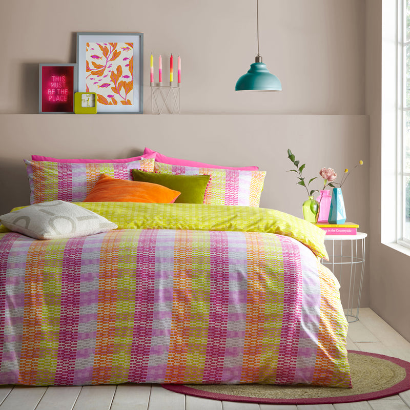 furn. Neola Abstract Neon Striped Duvet Cover Set in Fuchsia/Lime