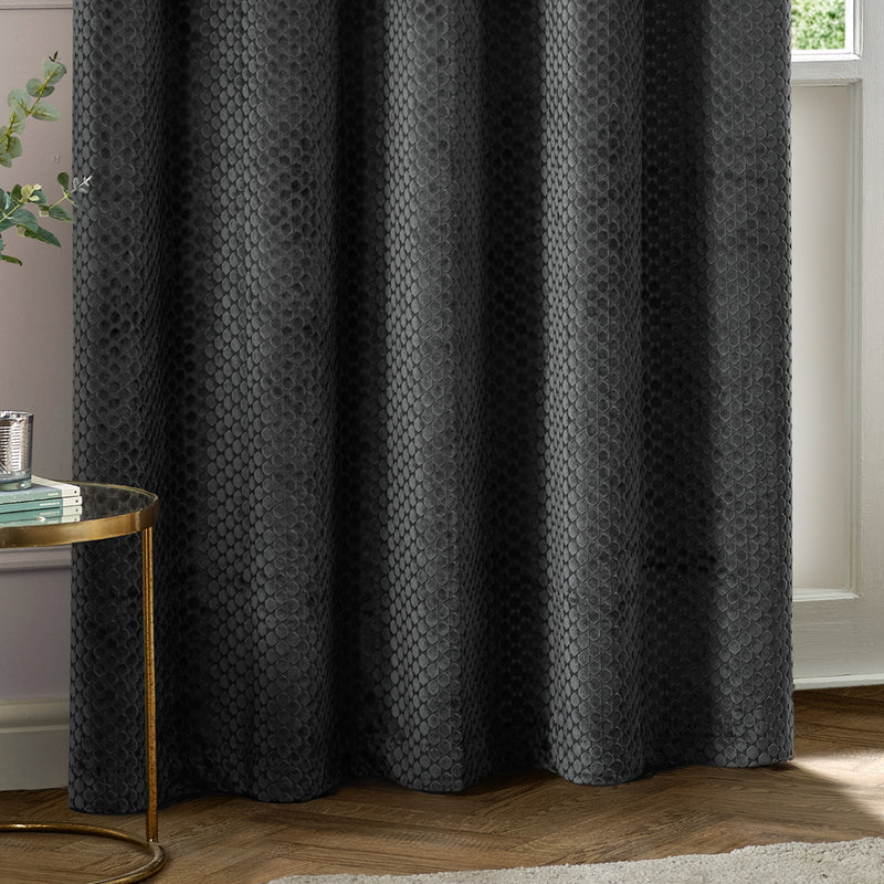 Geometric Black Curtains - Neptune Velvet Room Darkening Eyelet Curtains Charcoal Paoletti