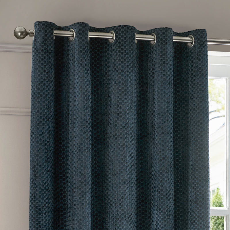 Geometric Blue Curtains - Neptune Velvet Room Darkening Eyelet Curtains Navy Paoletti